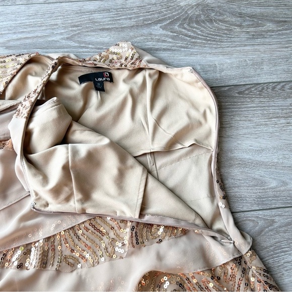 Laura CHAMPAGNE Sequins Ruffled Stretch Shift Evening Dress - Picture 7 of 12